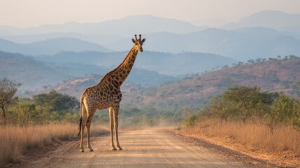 Obraz premium A giraffe gazes curiously while standing on a dirt road at dusk framed by rolling hills.