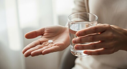 Person taking white pill with glass of water