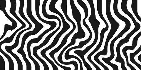 Black and white abstract background. Waves shape decoration. Optical illusion stripes style. Modern graphic design element with distorted lines concept for web, poster, flyer, card cover, or brochure