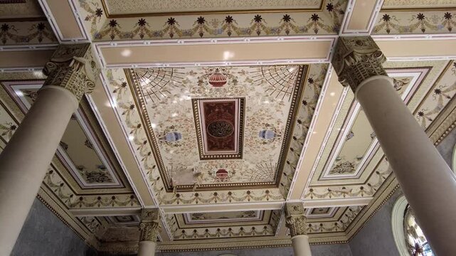 The opulent interior of the abandoned sanatorium Meshakhte in Tskaltubo spa resort, Georgia