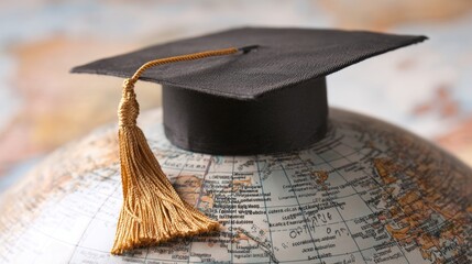 A graduation cap rests on a globe representing academic success and global opportunities.