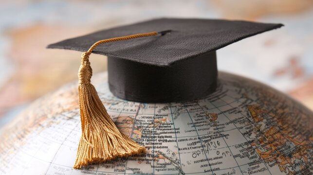 A graduation cap rests on a globe representing academic success and global opportunities.