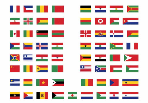 Vector illustration featuring every national flag of the world arranged in a neat grid layout. Each rectangular flag includes the country&rsquo;s name displayed beneath it. Designed in a clean, modern flat 