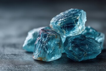 Raw aquamarine stones on gray surface