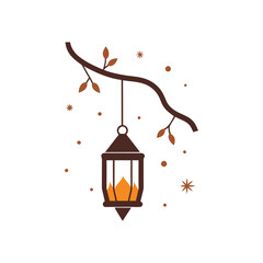 Vintage lantern hanging from autumn tree branch with falling snowflakes symbolizing cozy winter season vector