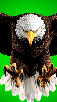 Animated bald eagle flying towards the camera. Realistic 3D bird of prey on a green screen for chroma key. Power and freedom concept