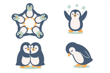 Set of adorable cartoon penguins displaying various emotions, affection, and group unity