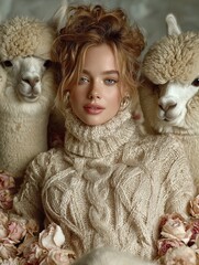graceful harmony: model in cozy knitwear with fluffy alpacas amid rose-gold autumn leaves – a perfect poster for luxe interiors or fashion spaces