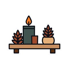 Warm ambiance created by lit candles and decorative fir cones on a rustic wooden shelf vector