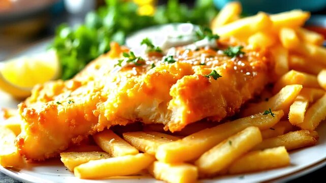 Classic fish and chips with lemon and tartar sauce on a white plate