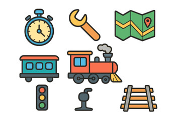 Colorful icons set of railroad transportation elements and maintenance tools