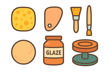 Collection of essential pottery and ceramics tools including glaze, brushes, sponge, and clay