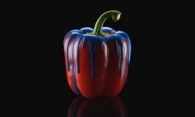 A vibrant red bell pepper, coated in dripping blue paint, against a black background