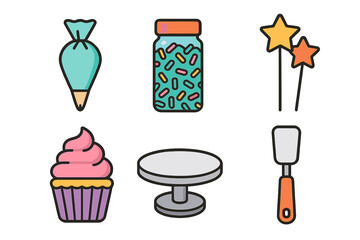 Colorful collection of essential baking tools, dessert ingredients, and sweet treats