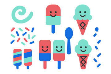 Colorful assortment of frozen desserts featuring ice cream cones popsicles and candy sprinkles