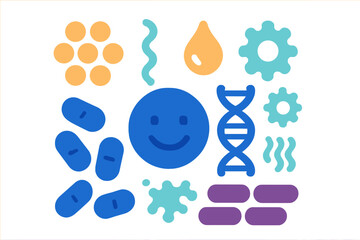 Abstract biological icons of DNA structure, happy bacteria, and probiotic capsules