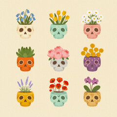 Cute colorful skull illustrations decorated with flowers and plants. Perfect for Dia de los Muertos or boho-themed designs.