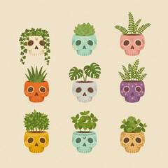 Creative plant pots shaped like colorful skulls. Perfect for botanical, boho, or quirky home decor illustrations.