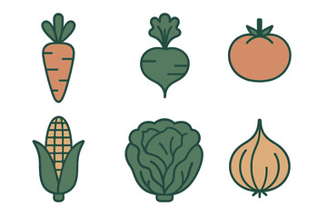 Colorful outline icons set featuring six common garden vegetables and fresh organic produce items