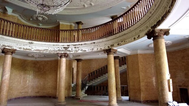 The interior of the central hall in the abandoned sanatorium Metallurgist in Tskaltubo, Georgia