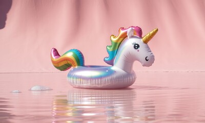 A whimsical unicorn inflatable pool float rests on a surface of calm, pink water, reflecting the vibrant colors of the float.  Pastel pink backdrop