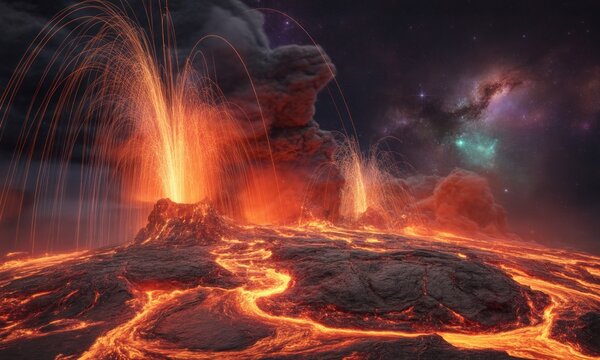 A volcanic eruption at night. Orange lava flows and erupts with a starry nebula in the background