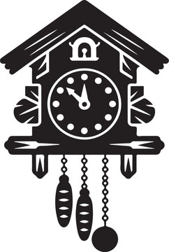 Black silhouette of a cuckoo clock with decorative pendulum weights and chains time timepiece