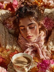 elegant autumn serenity: high-end fashion editorial with a model in cream knit sweater and charming rabbits - perfect for stylish home decor or cozy interior posters