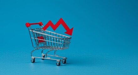 Retail economic downturn: miniature shopping cart with descending red arrow symbolizing price decrease and sales decline on blue background