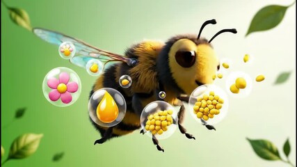 Animated cartoon bee explains the benefits of honey and pollen. 3D character with icons of natural ingredients on a green background. Beekeeping and pollination concept - Powered by Adobe