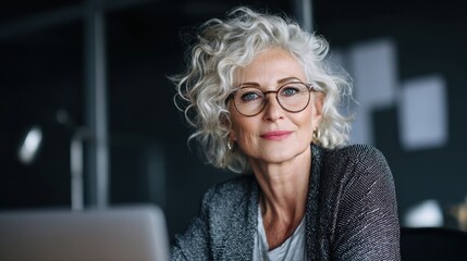 A confident older woman with curly hair and glasses focuses on her work at a stylish desk in a bright room.