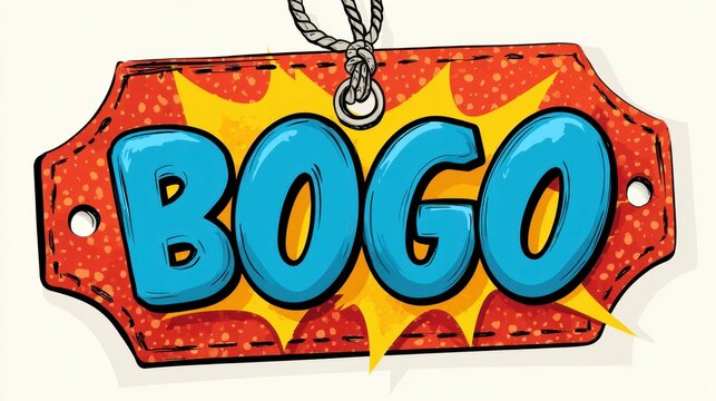 Bright and playful sign promotes a buy one get one free offer with bold colors and excitement.