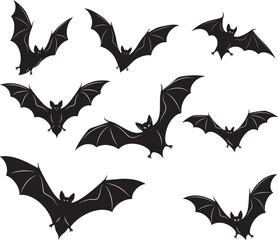 Naklejka premium Flying Halloween Bats Silhouette Collection. Set of flying bat silhouettes in various poses, perfect for Halloween decorations, spooky design themes, stickers, invitations, and digital artwork.