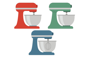 Three modern electric stand mixers in red green and blue colors for kitchen baking