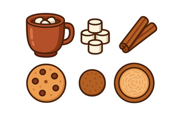 Cozy winter treats set featuring hot chocolate, marshmallows, cinnamon sticks, and assorted cookies