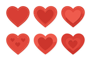Six red paper cut hearts with layered texture and stitched edges isolated on white background