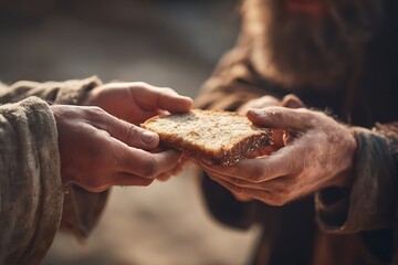 Sharing bread, hands giving compassion and humanity