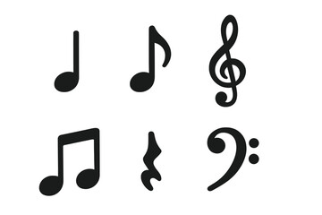 Essential musical notation symbols set including notes rests and clefs in black silhouette