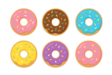 Six sweet colorful glazed donuts decorated with various sprinkles and icing