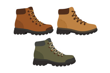 Set of three durable outdoor hiking boots in brown, tan, and olive green colors for adventure travel