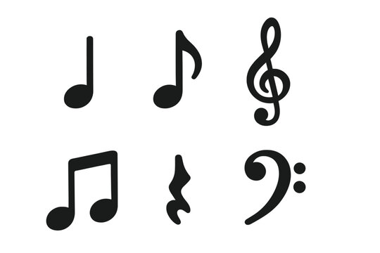 Essential musical notation symbols set including notes rests and clefs in black silhouette