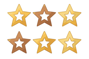 Six shiny metallic star shapes in gold and bronze colors for ranking and achievement