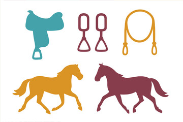 Stylized silhouettes of two running horses and essential equestrian riding gear set