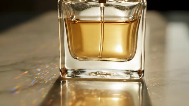 Elegant Golden Perfume Bottle Glistening in Dramatic Light with Sparkling Reflections.