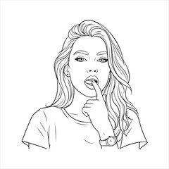 Woman with finger in mouth isolated on white background