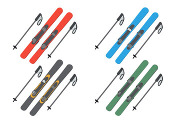 Colorful collection of alpine skis and poles set for winter sports and recreation