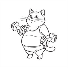 Cat lifting dumbbells isolated on white background