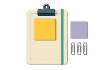 Modern clipboard with yellow sticky note and paper clips for office organization and planning tasks