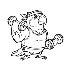 Parrot lifting weights isolated on white background