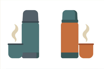 Pair of insulated travel flasks with cups and rising steam indicating hot drinks